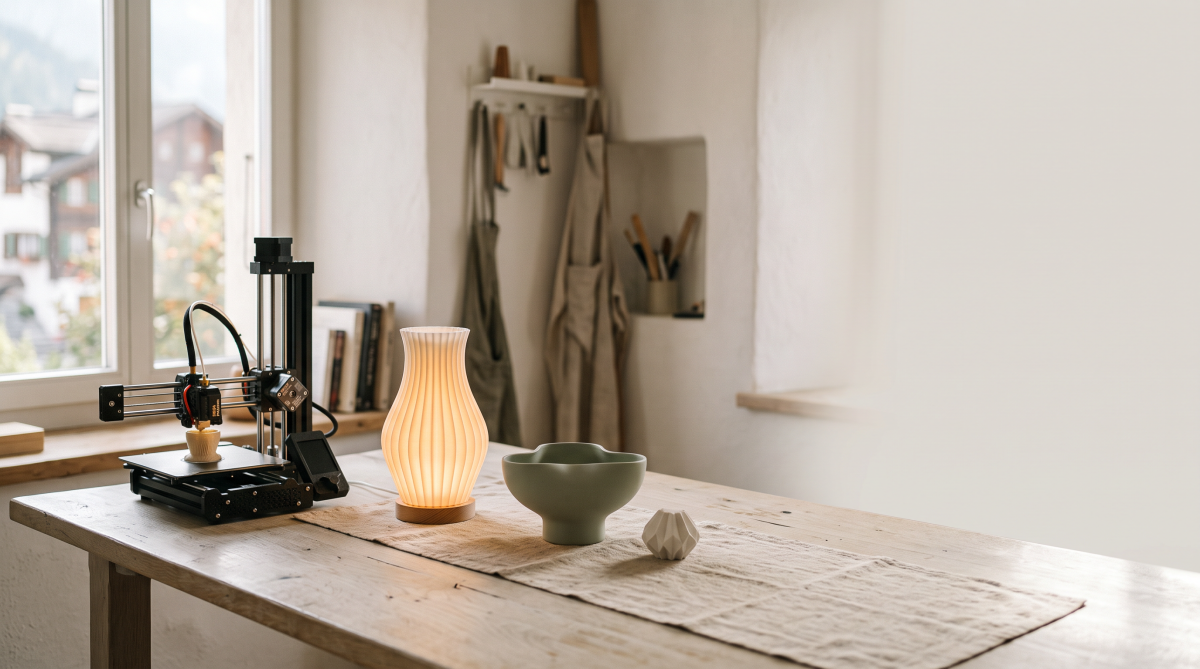 Objets décoratifs imprimés en 3D par 3Deco, posés sur une table en bois clair